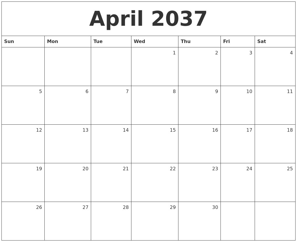 April 2037 Monthly Calendar