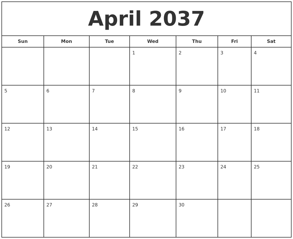 April 2037 Print Free Calendar