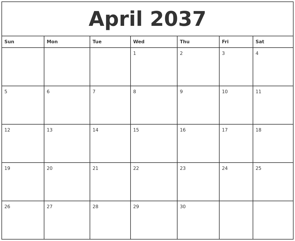 April 2037 Printable Monthly Calendar