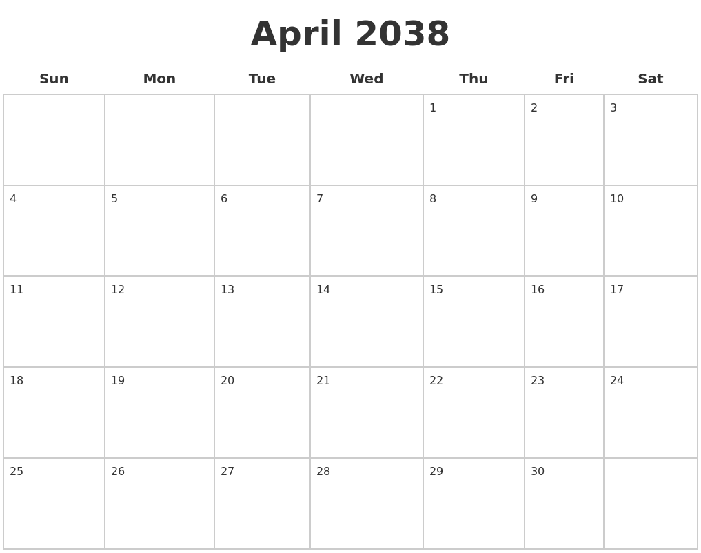 April 2038 Blank Calendar Pages