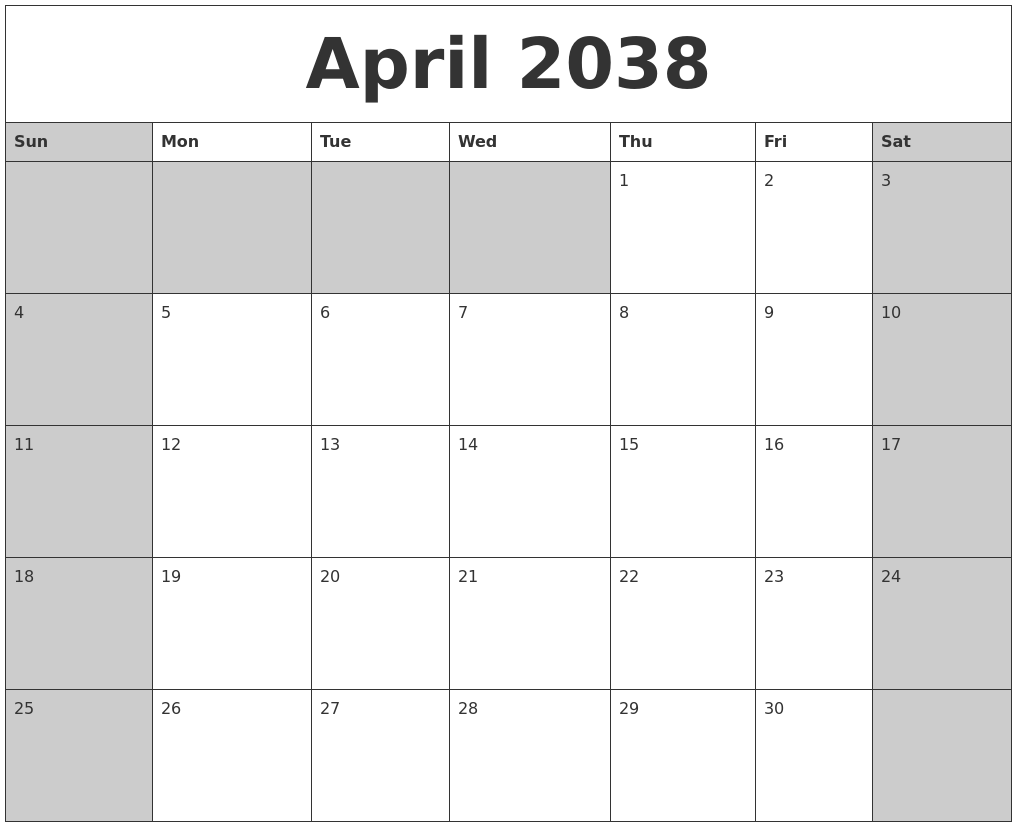 April 2038 Calanders