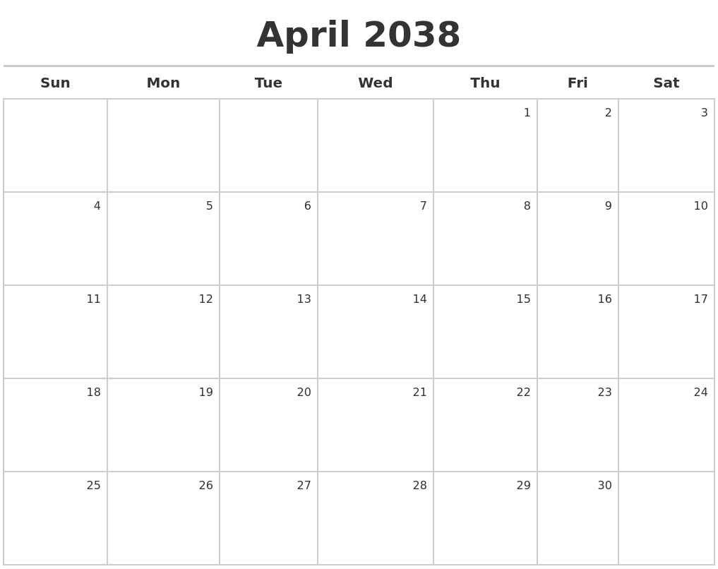 April 2038 Calendar Maker