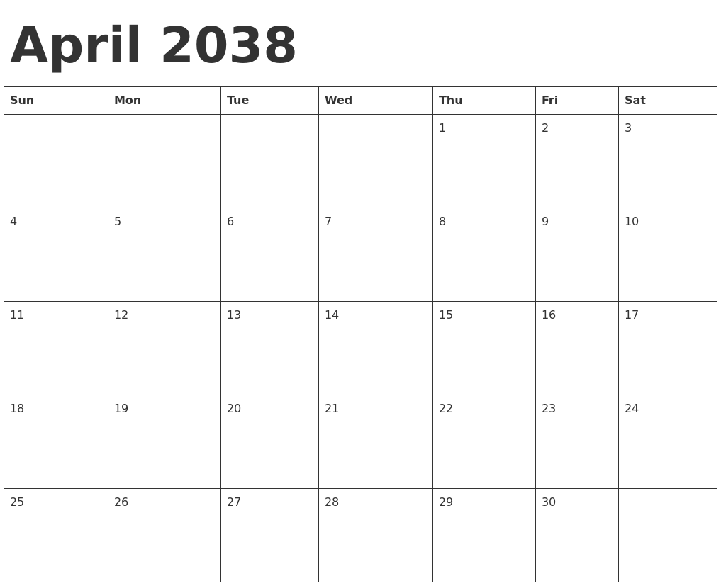 April 2038 Calendar Template