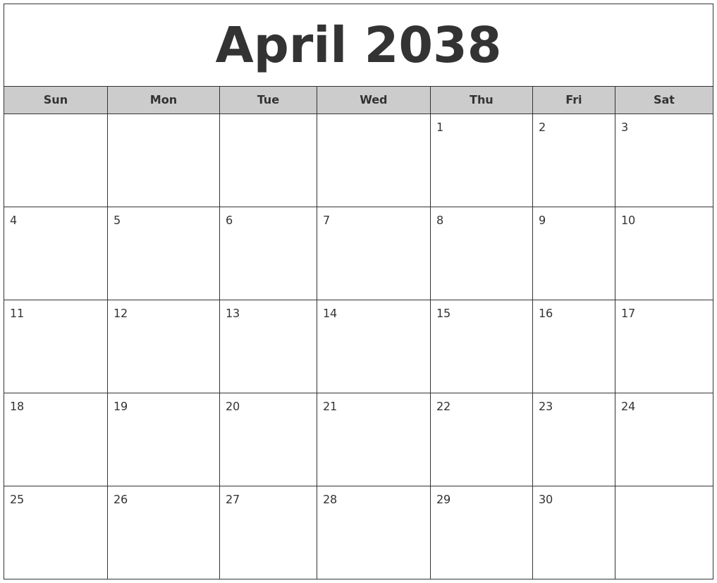 April 2038 Free Monthly Calendar