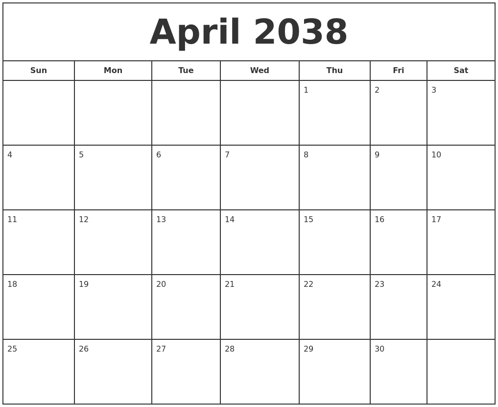 April 2038 Print Free Calendar