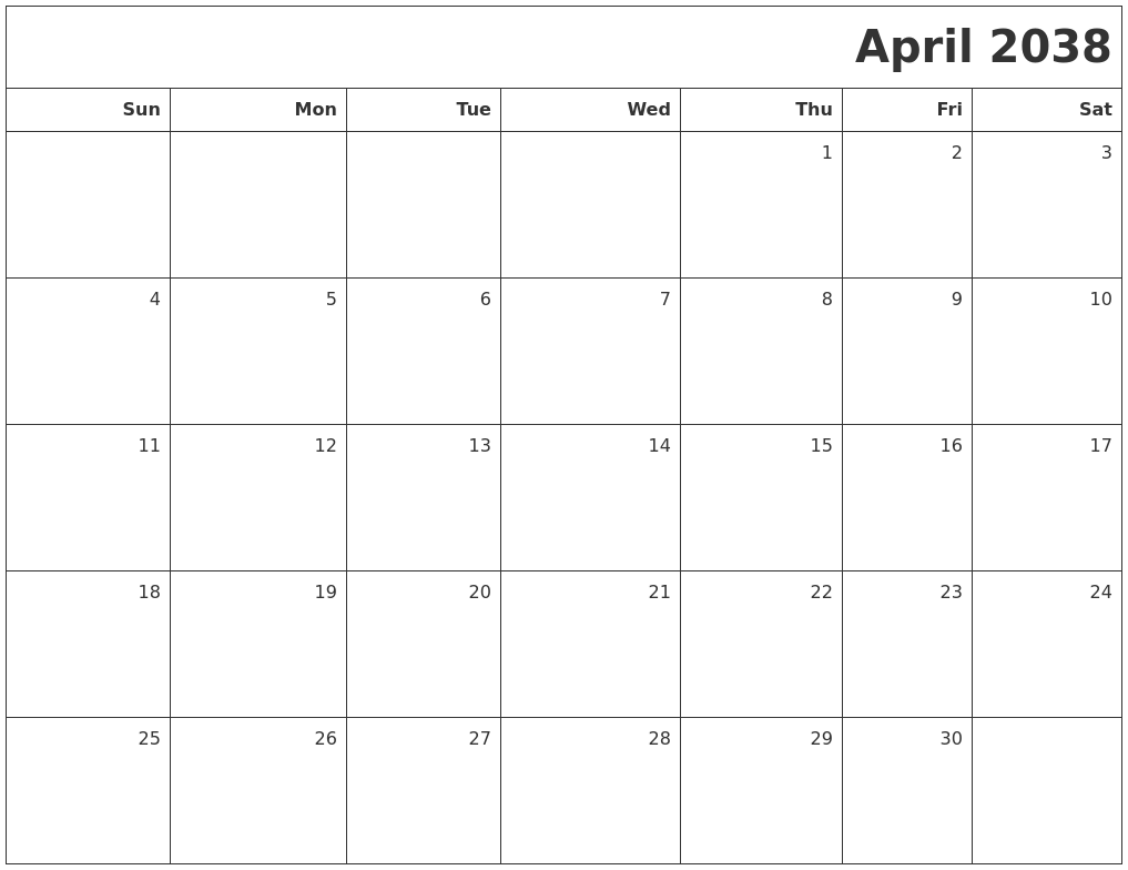 April 2038 Printable Blank Calendar