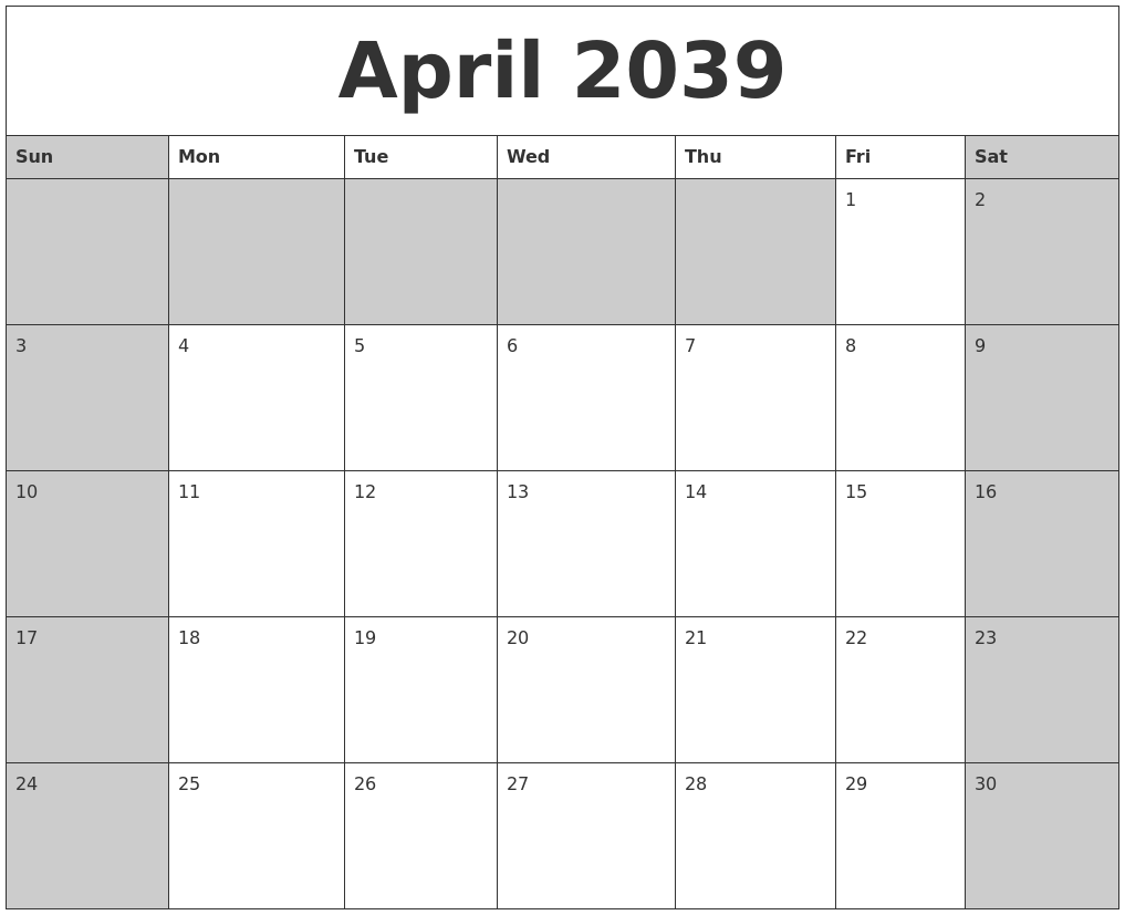 April 2039 Calanders