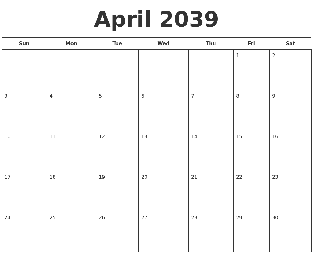 April 2039 Free Calendar Template