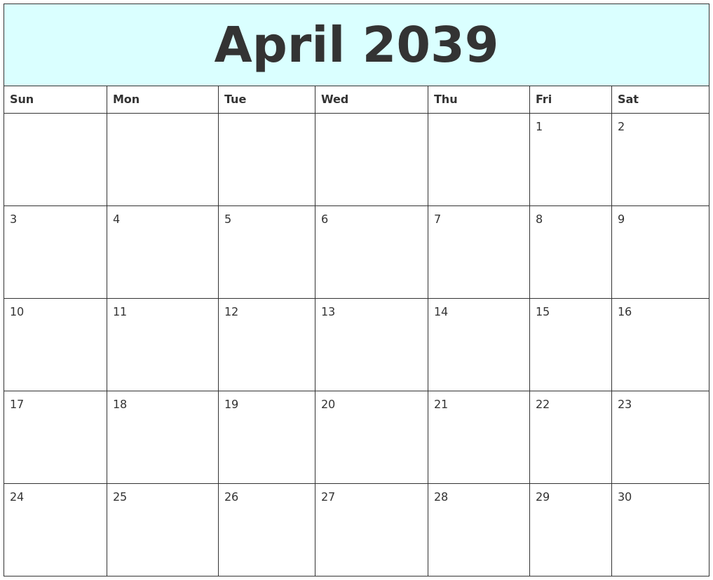 April 2039 Free Calendar