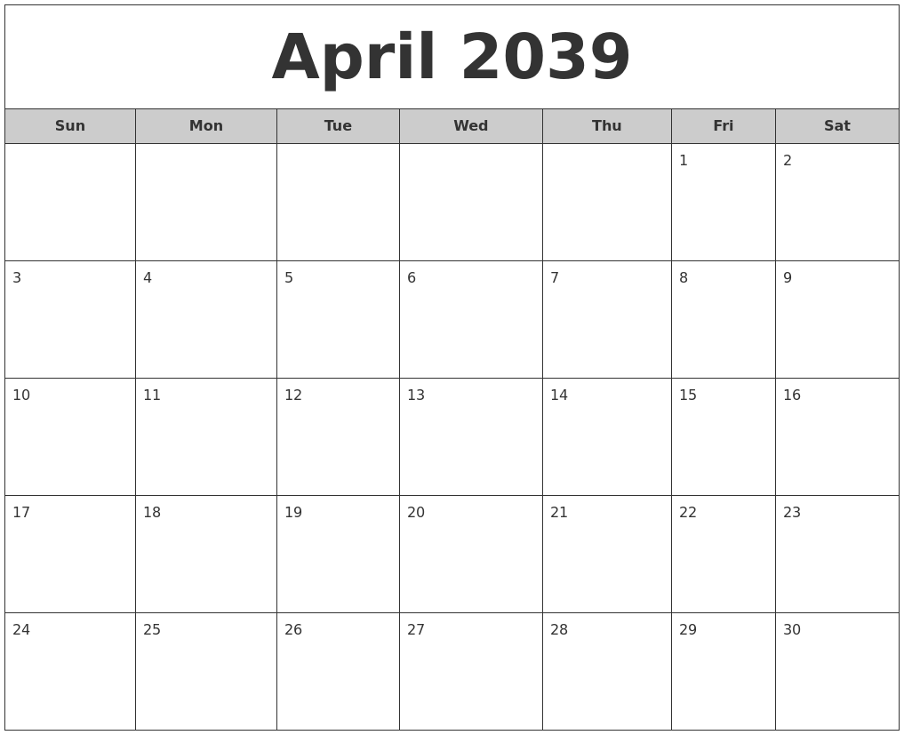 April 2039 Free Monthly Calendar
