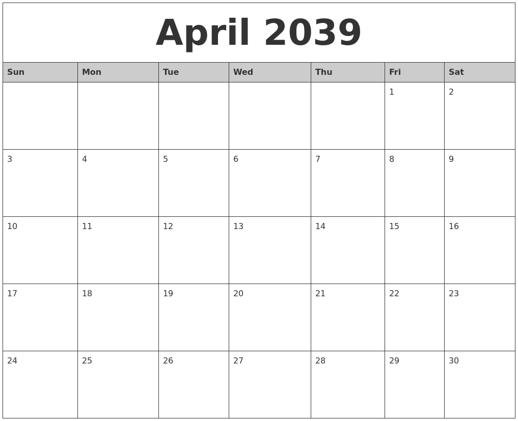 April 2039 Monthly Calendar Printable
