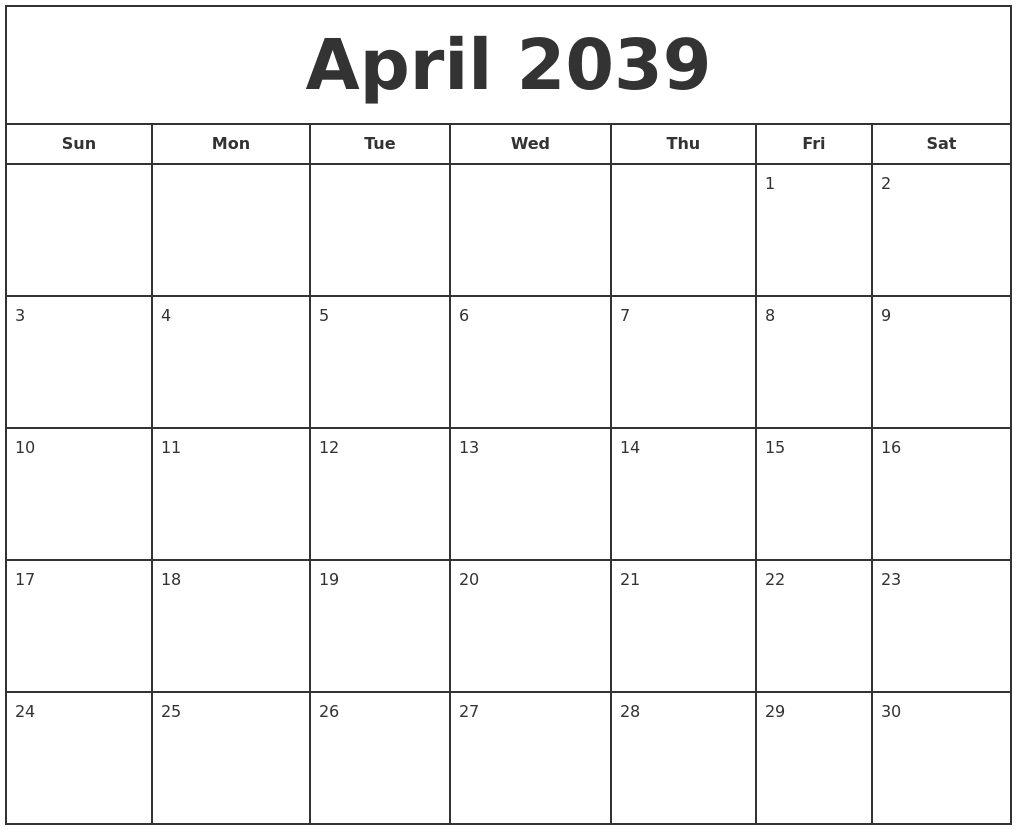 April 2039 Print Free Calendar