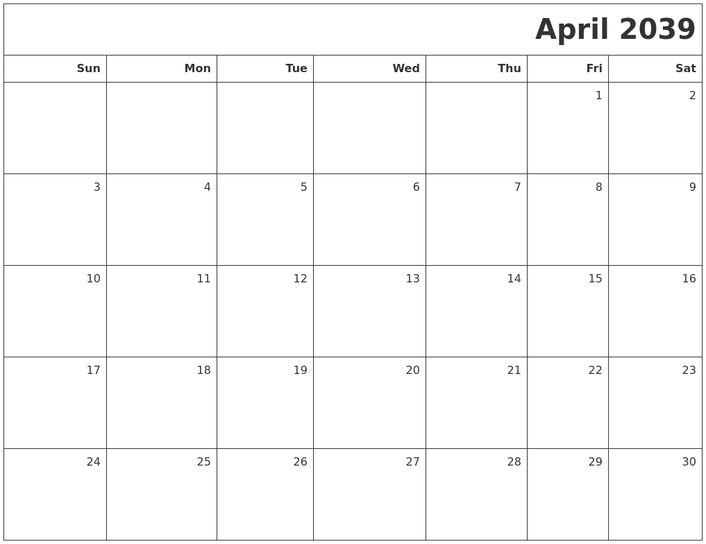 April 2039 Printable Blank Calendar
