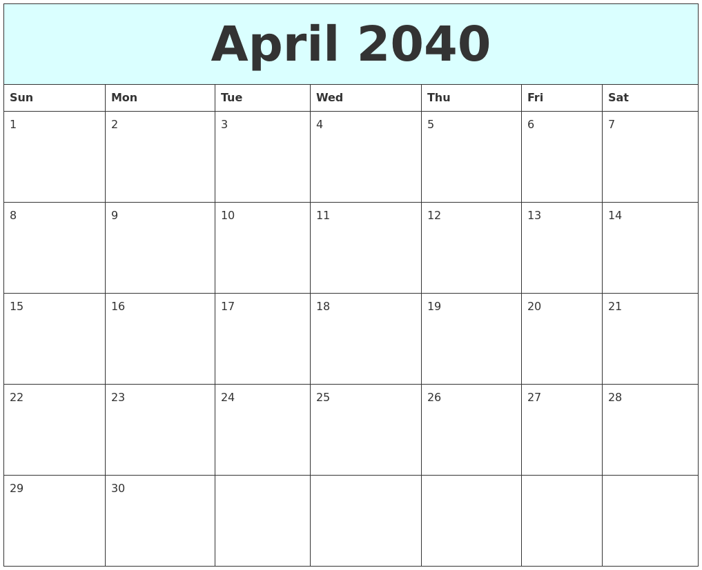April 2040 Free Calendar