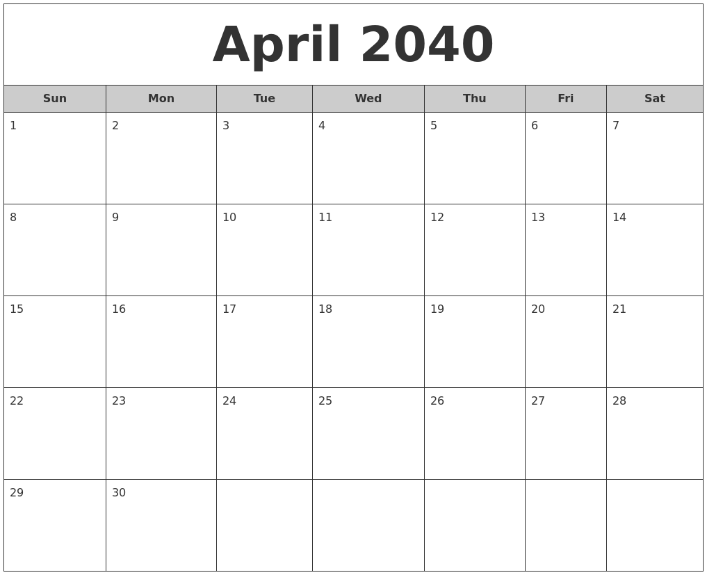 April 2040 Free Monthly Calendar