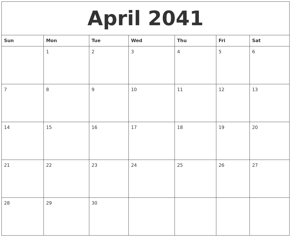 April 2041 Blank Calendar Printable