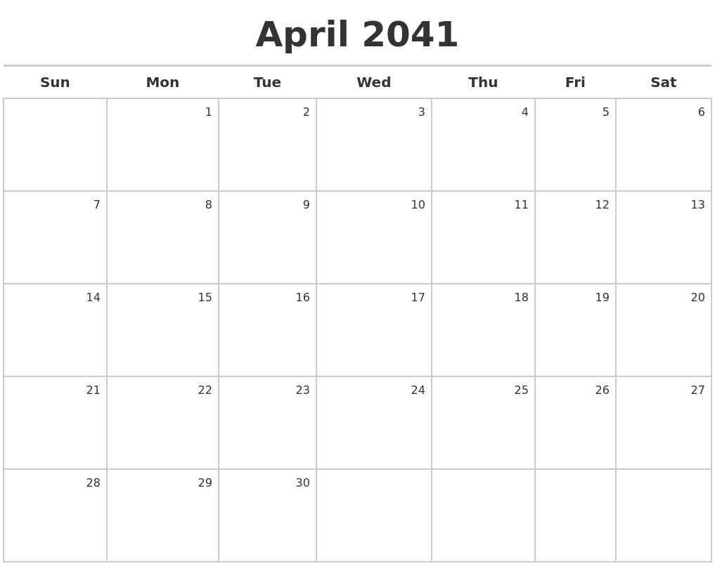 April 2041 Calendar Maker