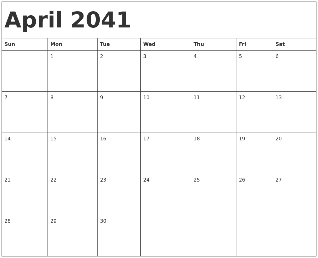 April 2041 Calendar Template
