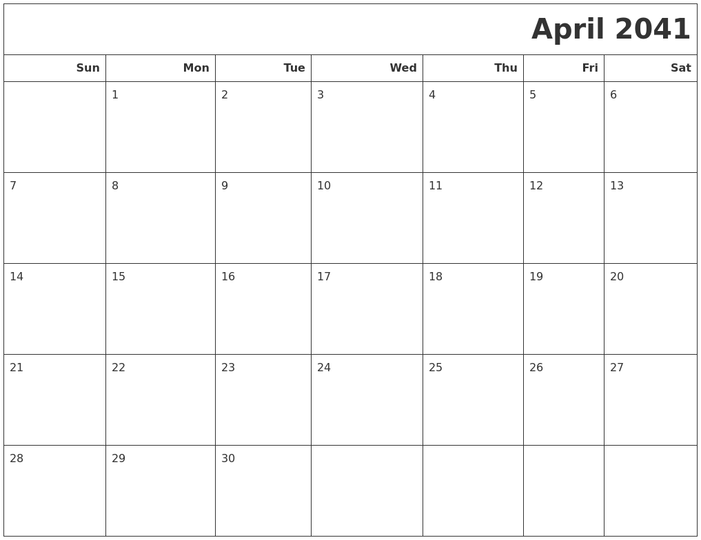April 2041 Calendars To Print