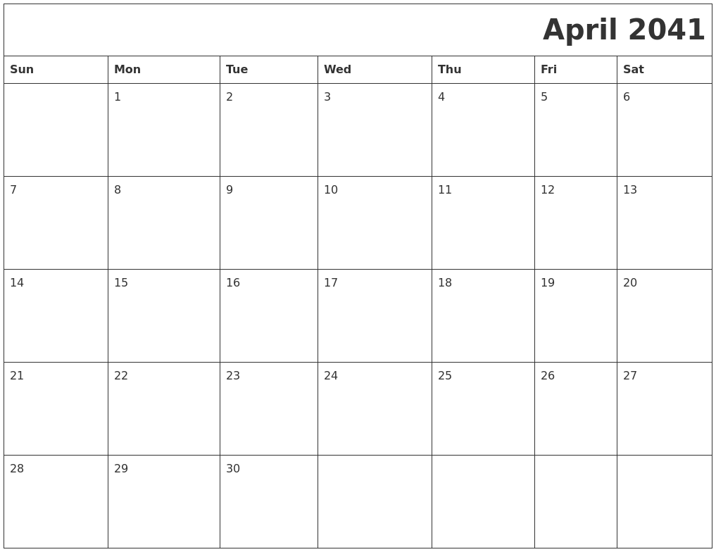 April 2041 Download Calendar