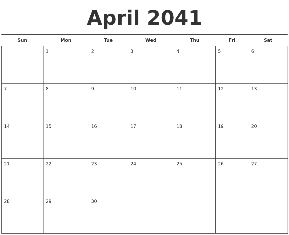 April 2041 Free Calendar Template