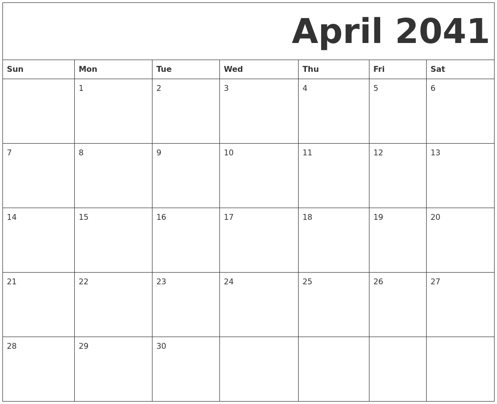 April 2041 Free Printable Calendar