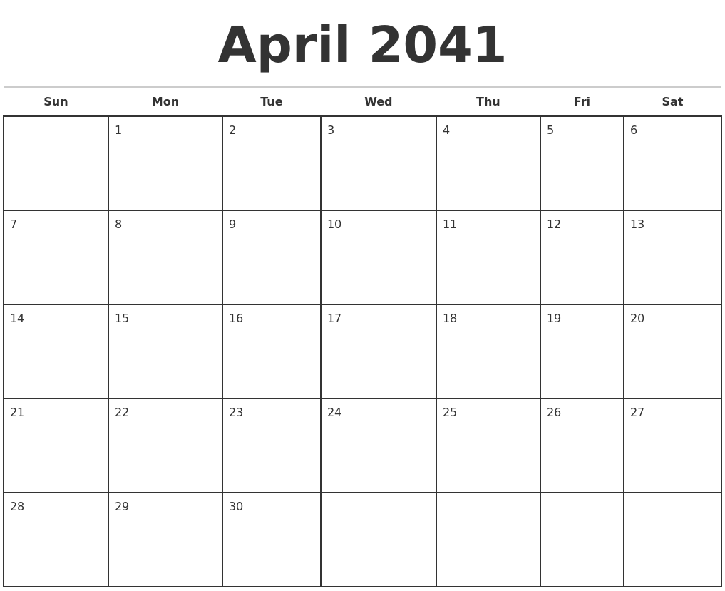 April 2041 Monthly Calendar Template