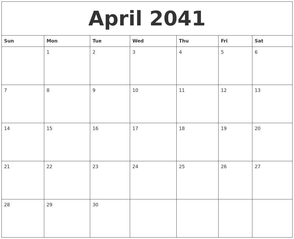 April 2041 Print Blank Calendar