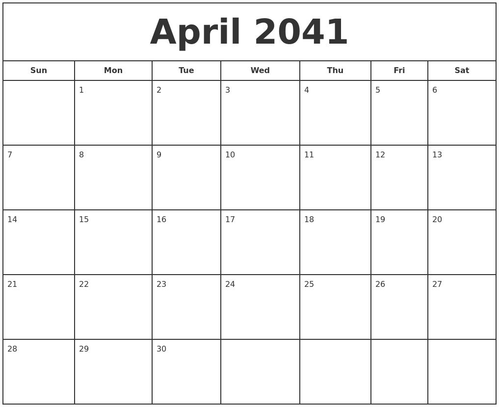 April 2041 Print Free Calendar
