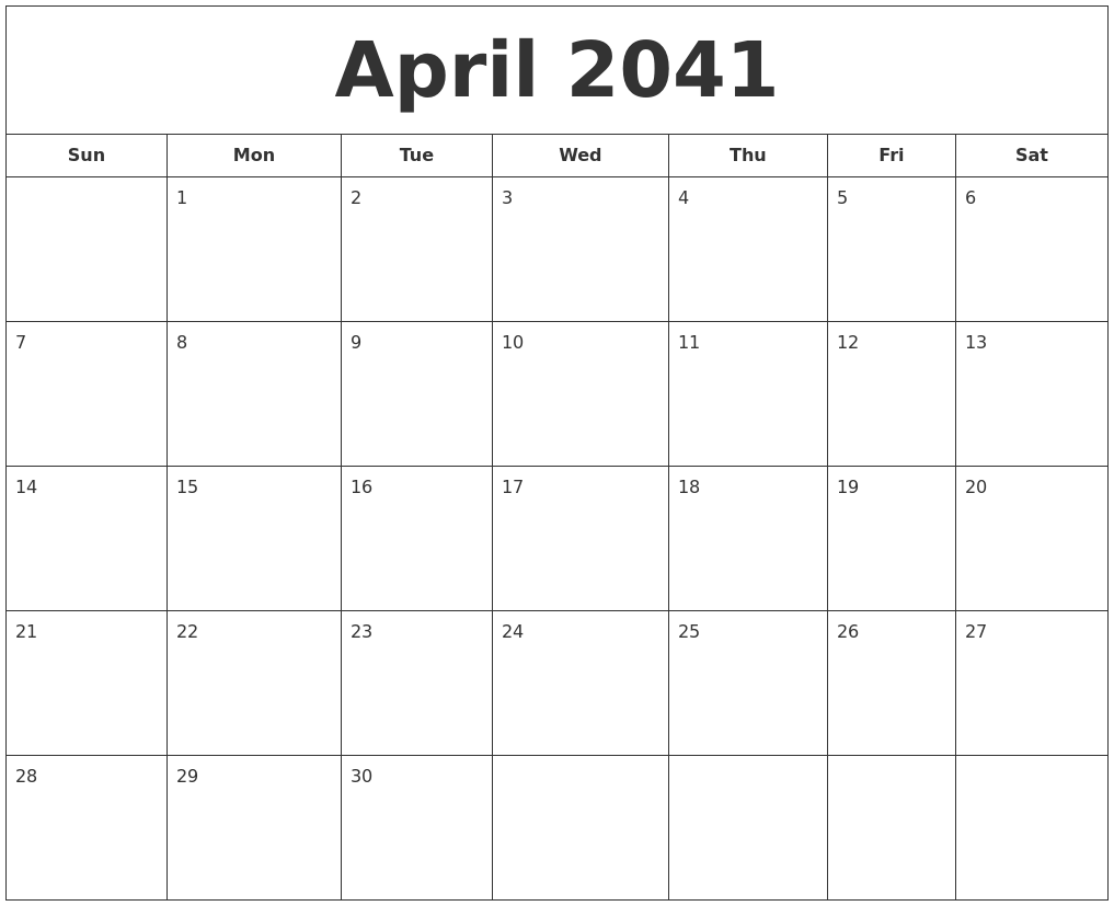 April 2041 Printable Calendar