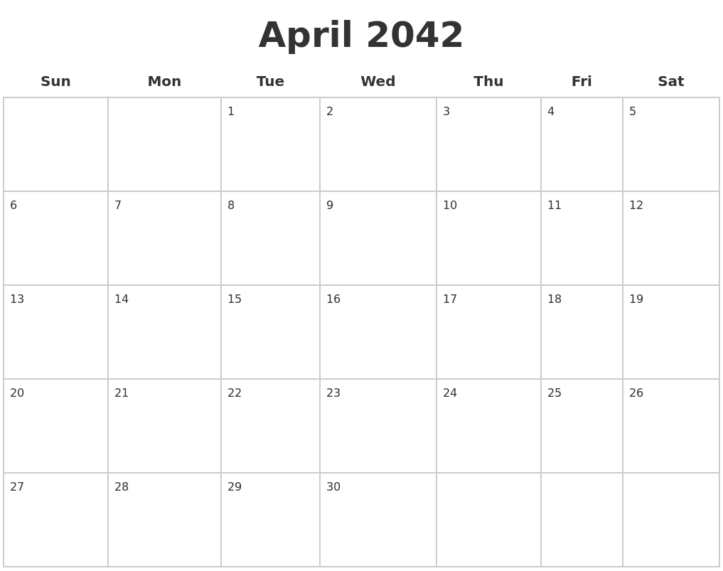 April 2042 Blank Calendar Pages