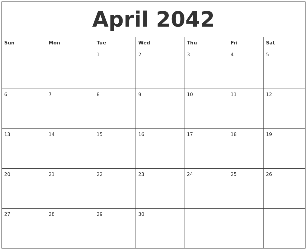 April 2042 Blank Calendar To Print