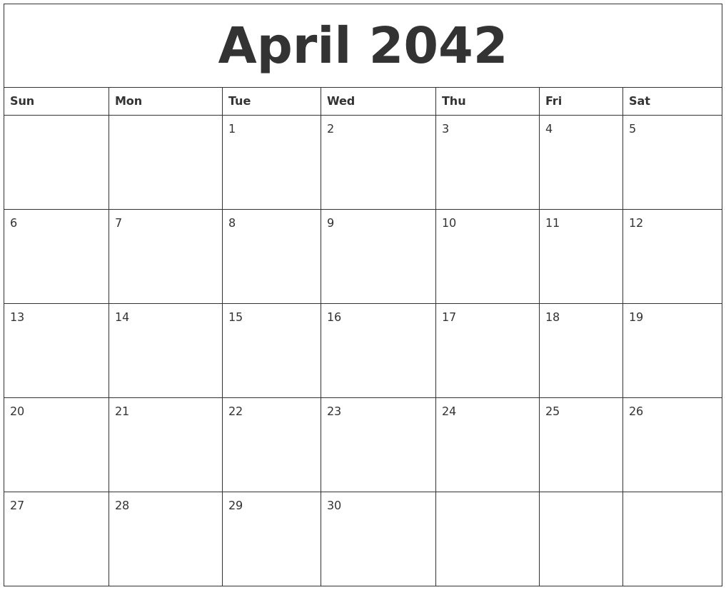 April 2042 Blank Monthly Calendar Pdf