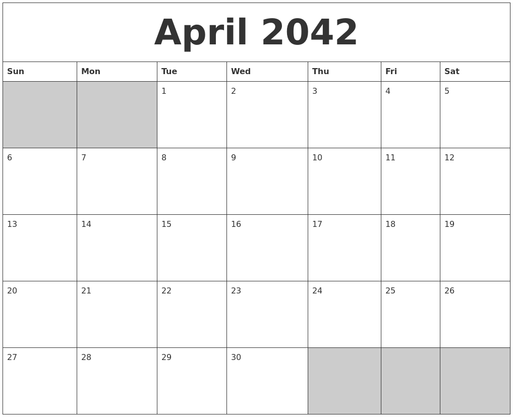 April 2042 Blank Printable Calendar