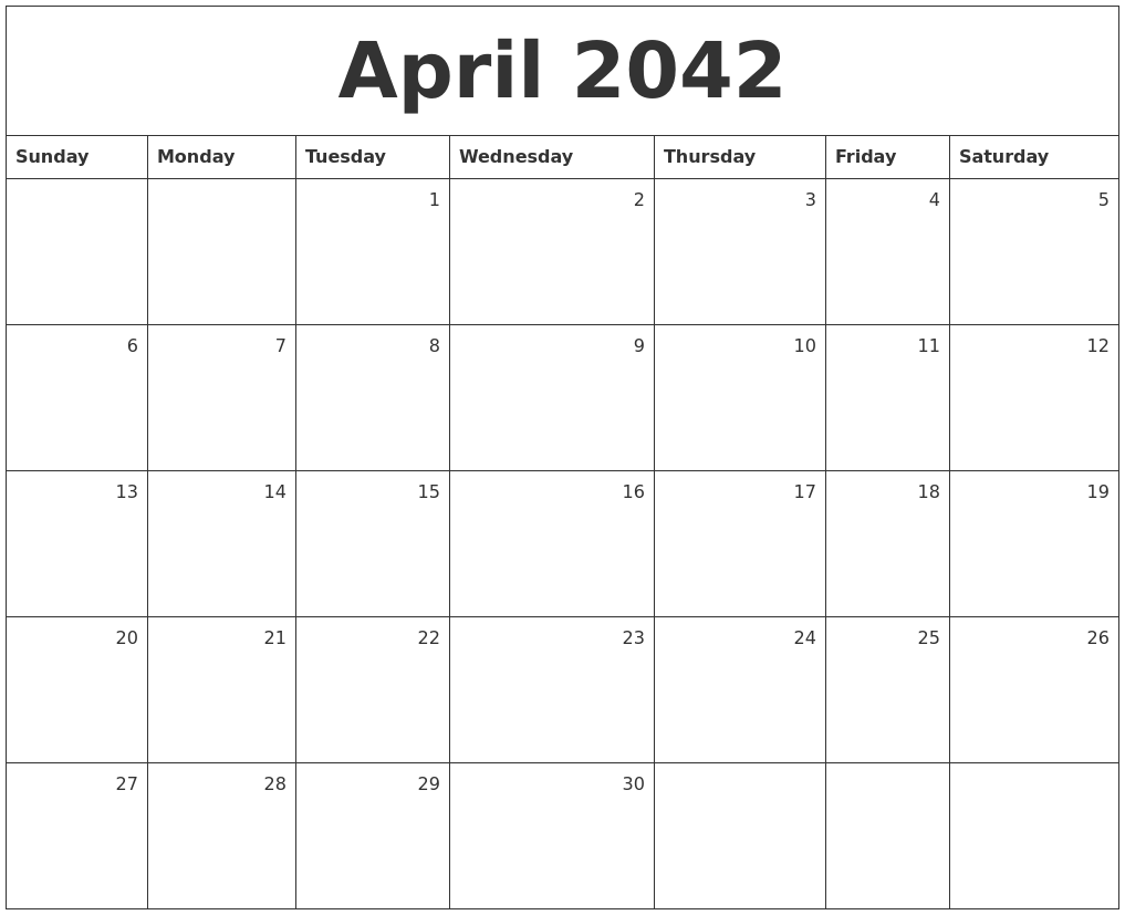 April 2042 Monthly Calendar