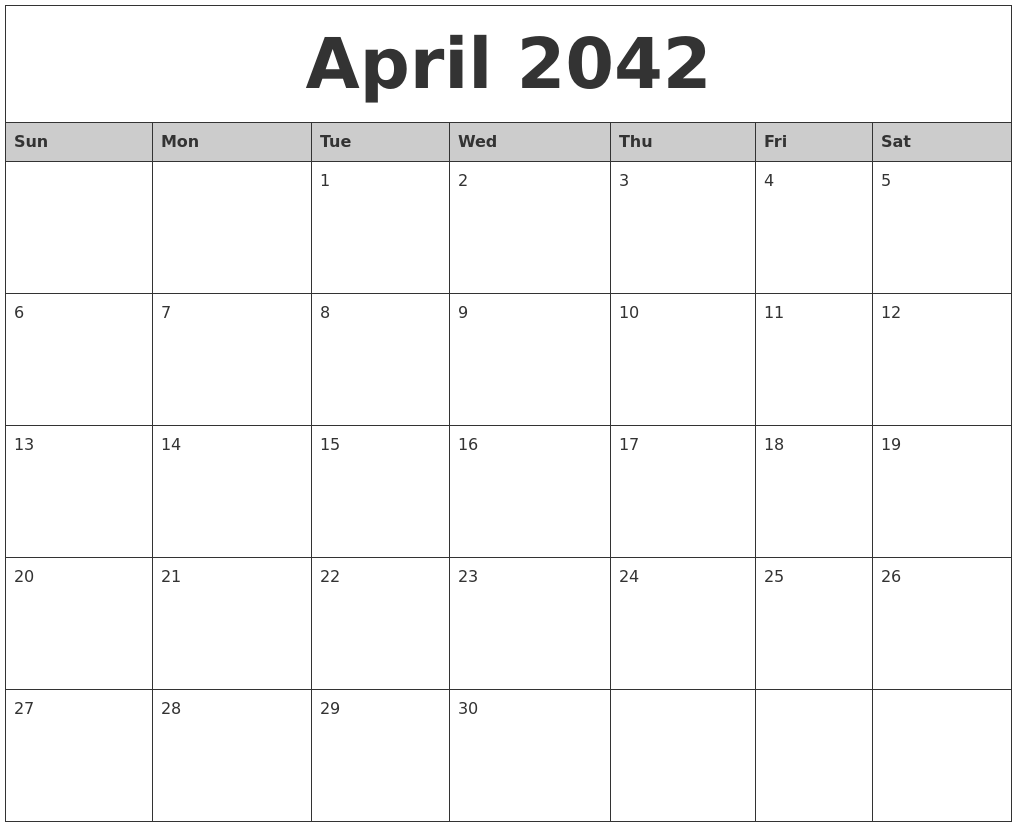 April 2042 Monthly Calendar Printable