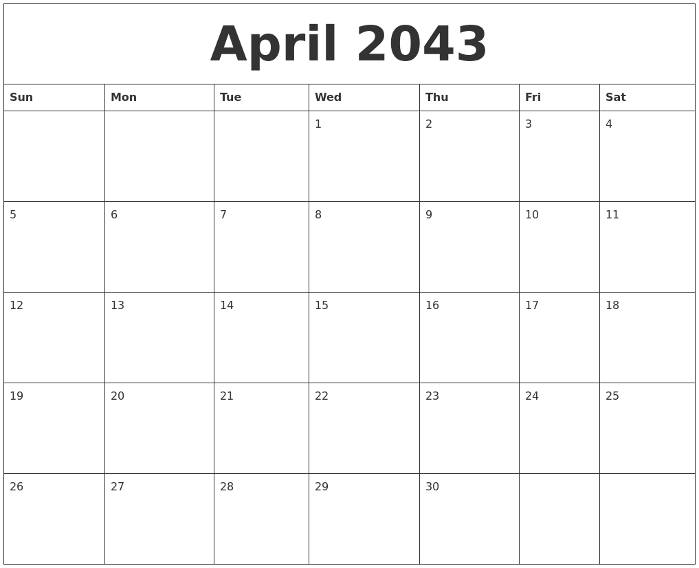 April 2043 Birthday Calendar Template