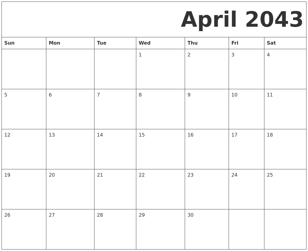 April 2043 Free Printable Calendar