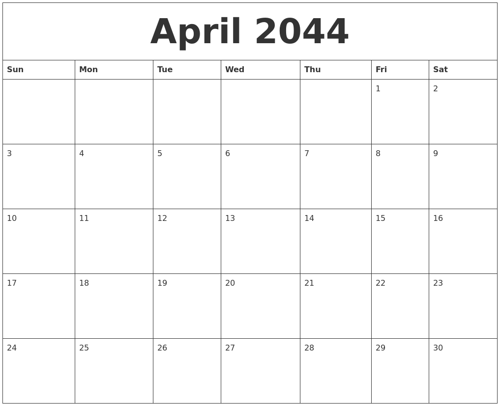 April 2044 Birthday Calendar Template