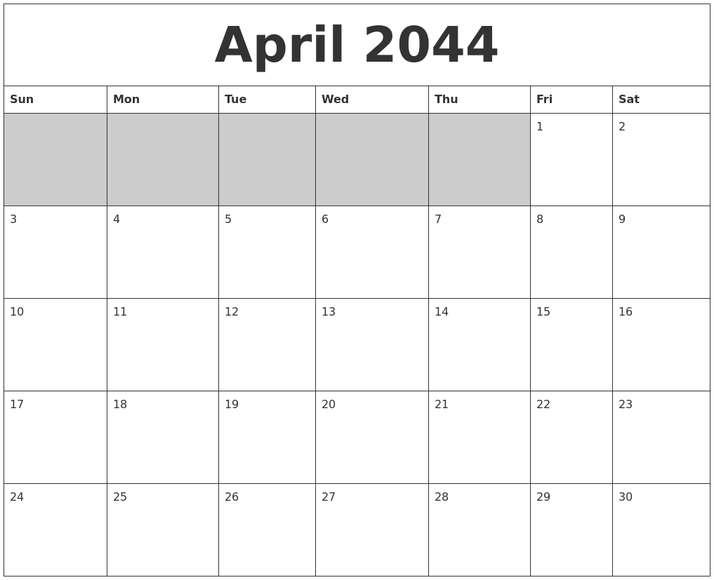 April 2044 Blank Printable Calendar