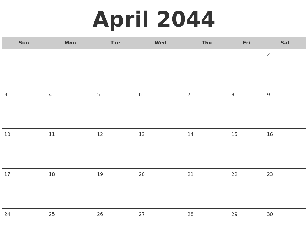 April 2044 Free Monthly Calendar
