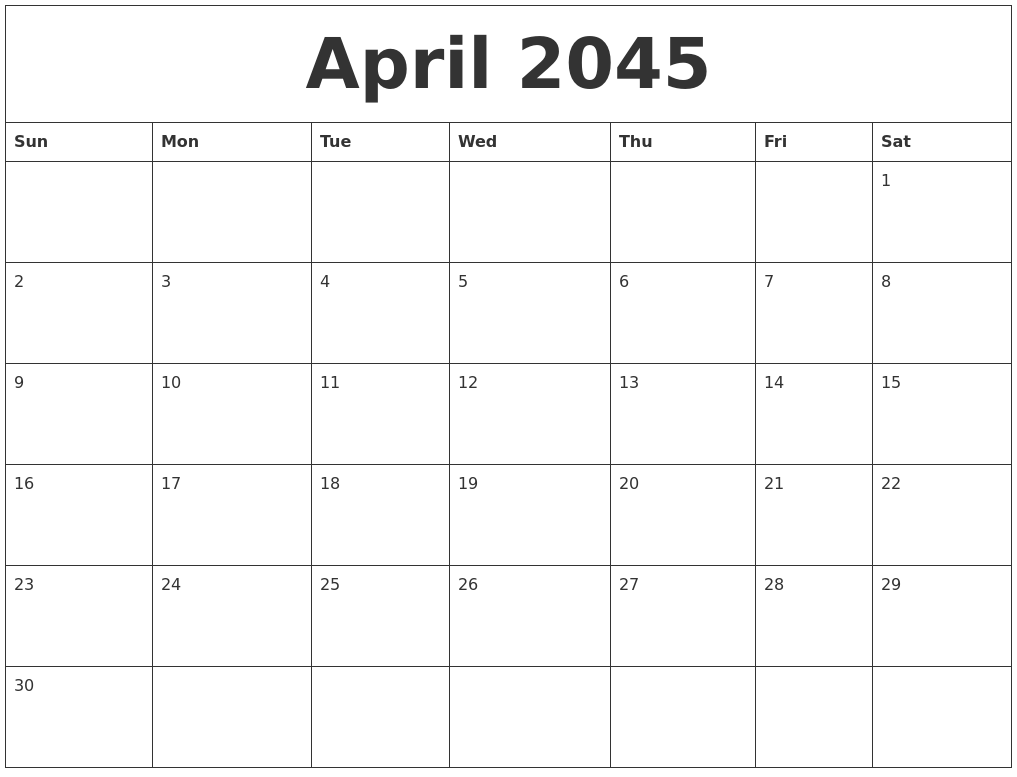 April 2045 Free Monthly Calendar Template