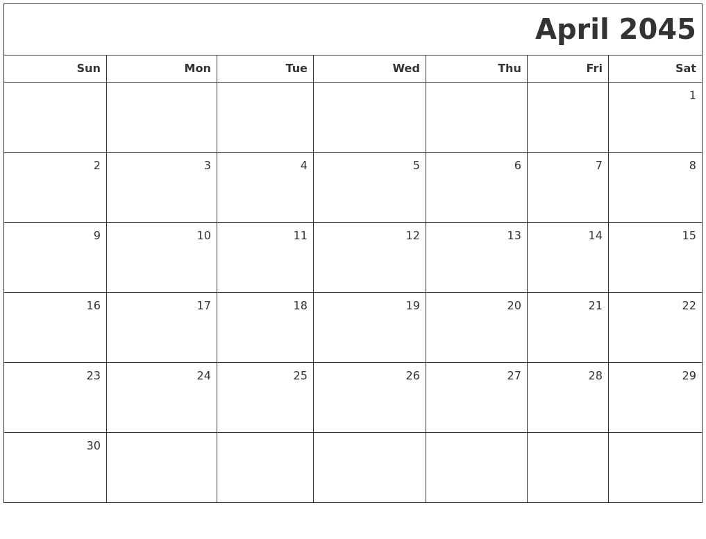 April 2045 Printable Blank Calendar