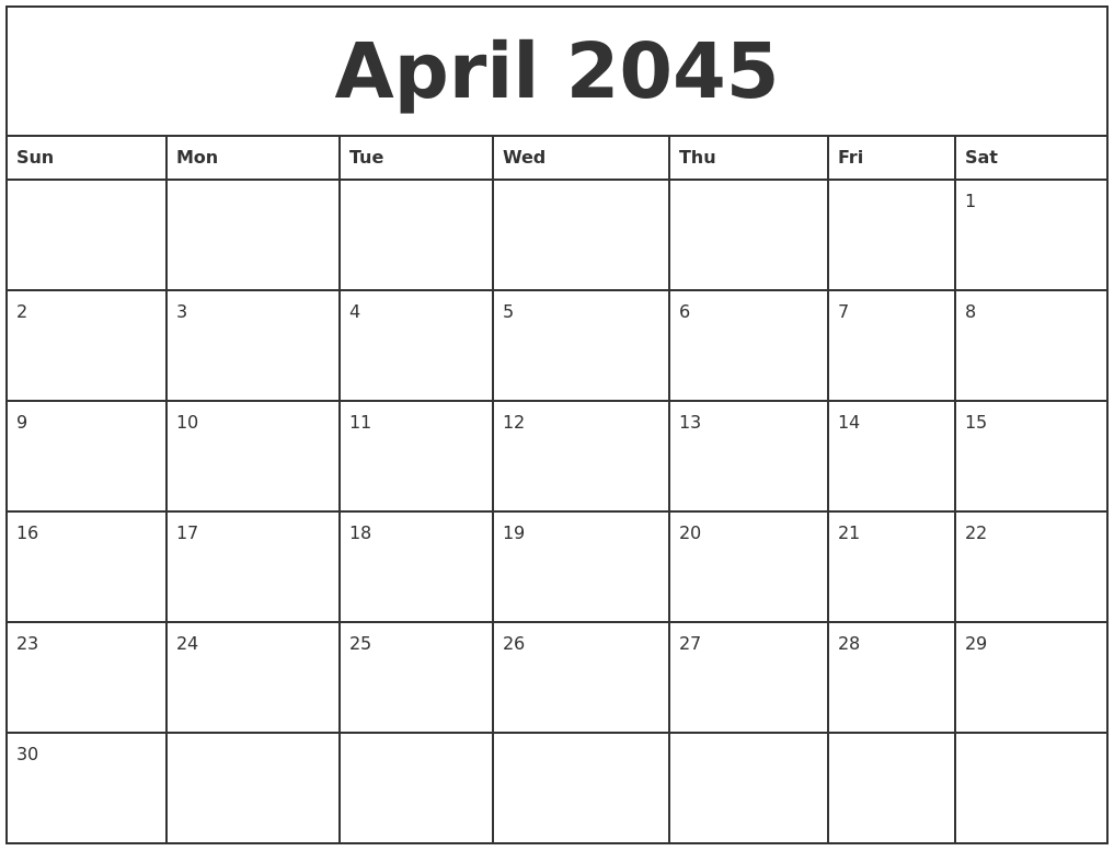 October 2045 Print Free Calendar