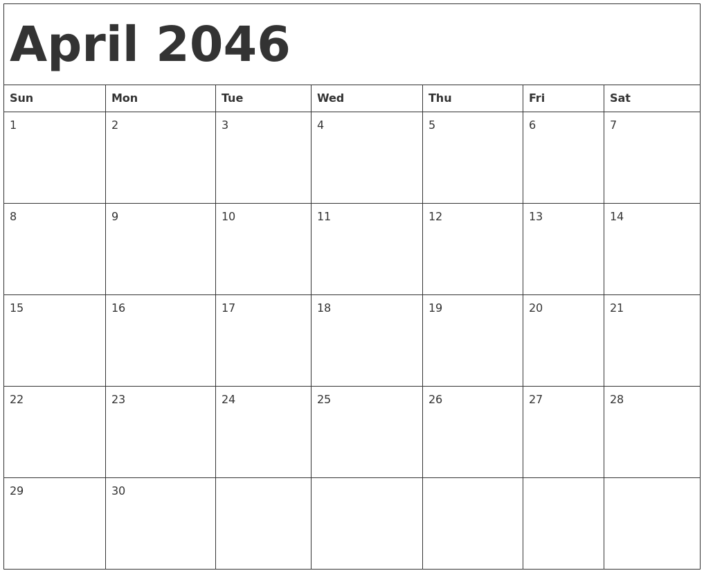 April 2046 Calendar Template