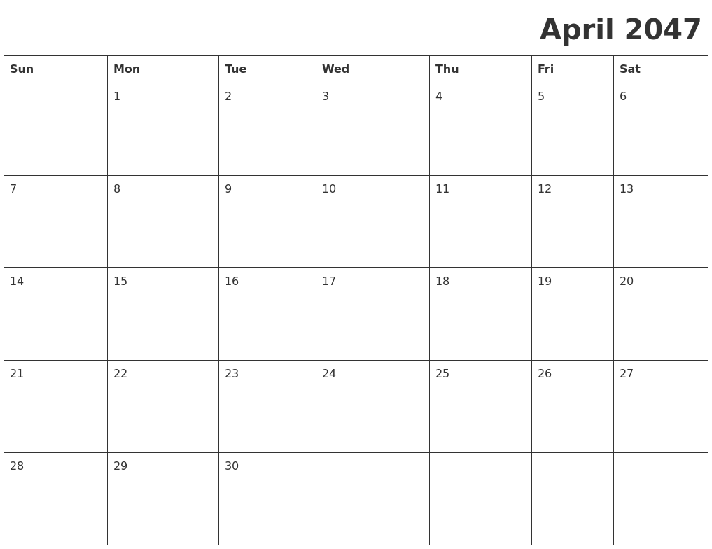 April 2047 Download Calendar
