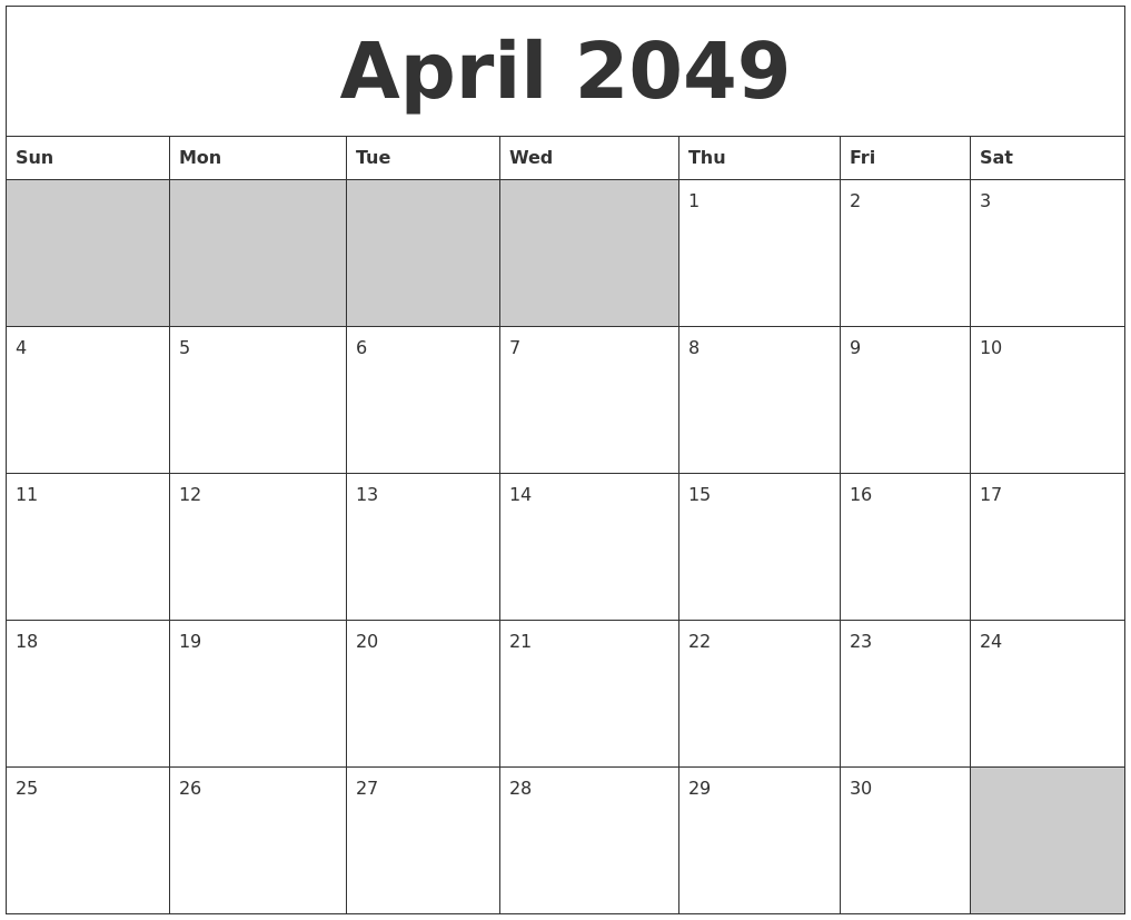 April 2049 Blank Printable Calendar