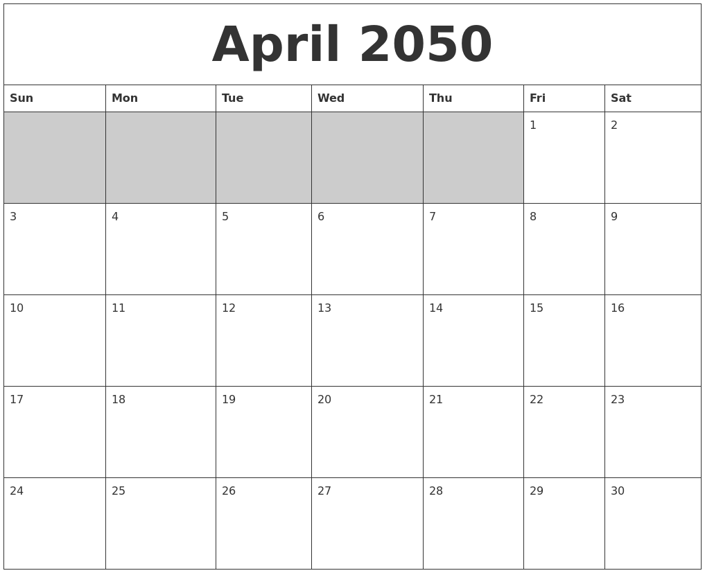 April 2050 Blank Printable Calendar