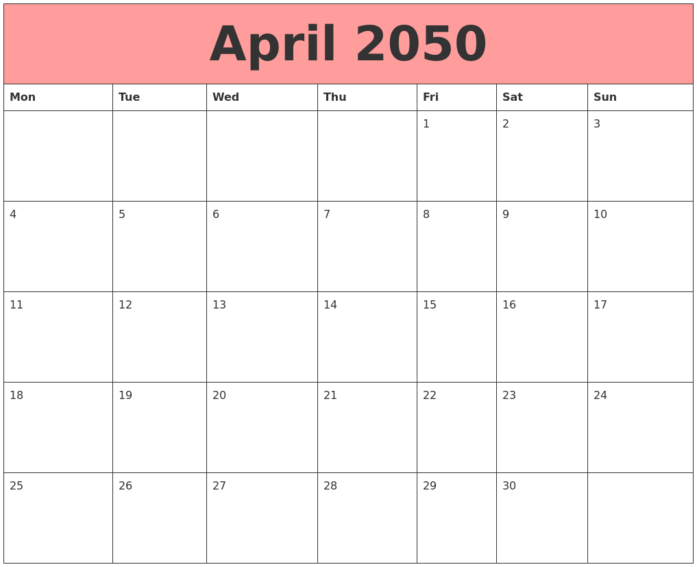 April 2050 Calendars That Work