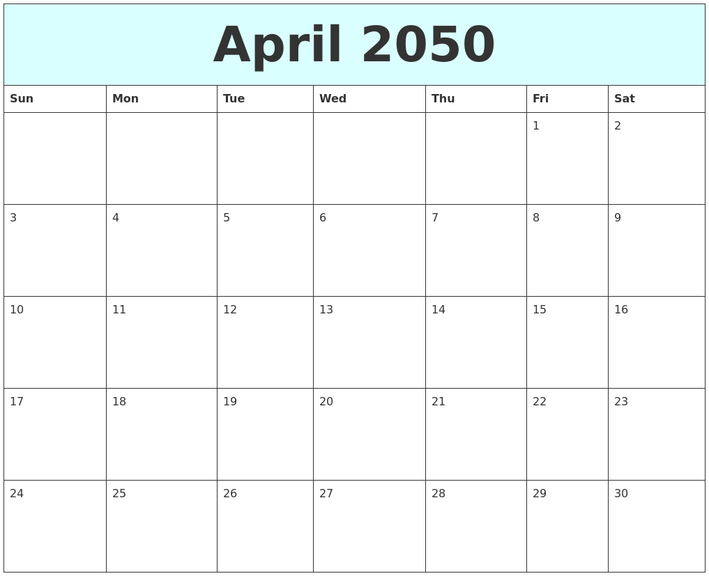 April 2050 Free Calendar